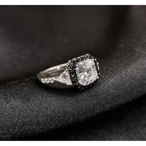 Asscher Cut CZ Ring With Black & White Accents 925 Sterling Silver Size 5.5 - Picture 1 of 4